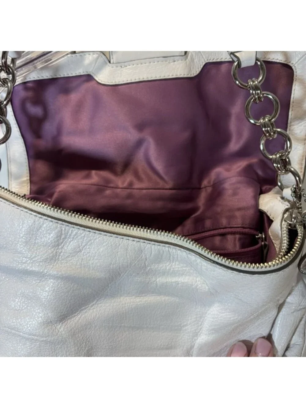 COACH 23346 White Leather Pebbled Shoulder Bag Hobo Purse Handbag Silver